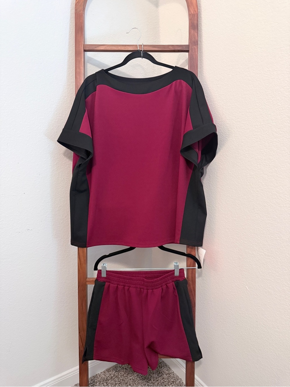 Women's Oversized Top and Athletic Shorts Set in Burgundy and Black Size M NWT